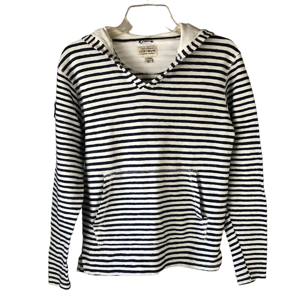 Women's Lucky Brand Blue and White Stripe Nautical Pullover Hoodie. Size Large
